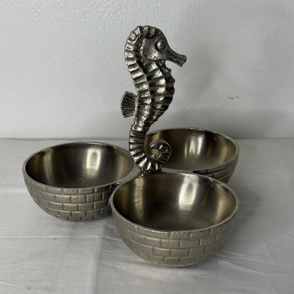 Silver Seahorse Triple Bowl Set Metal Nautical Beach Sea Life Serving Decor